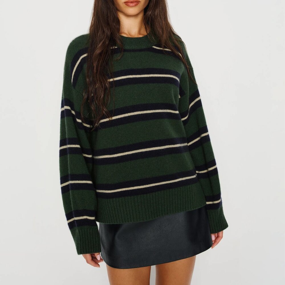 NWT Cove Cashmere Oversized Sweater in Dark Pine Multi Stripe – L – Reformation